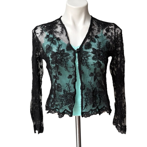 Lisbeth Black Mesh Single Button Floral Embellished Sheer Cardigan - Picture 2 of 14